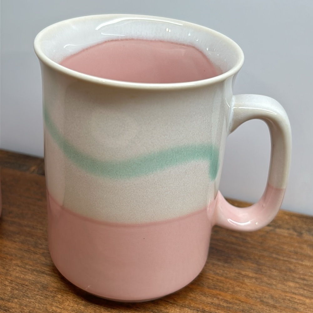 Vintage 80’s Stoneware Mugs Set Of Two Pink Mint Green & Cream In Colour - Picture 9 of 11